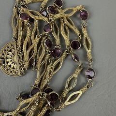 Vintage Necklace Gold Tone Multi Strand Purple Rhinestone Statement 25″