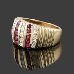 Solid 14K Yellow Gold, Seven Row 1.35 CTW Ruby & Diamond Cigar Band Estate Ring