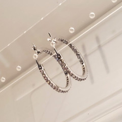 14K White Gold on Solid Sterling Silver 27mm Hoop Earrings Cubic Zirconia Stones