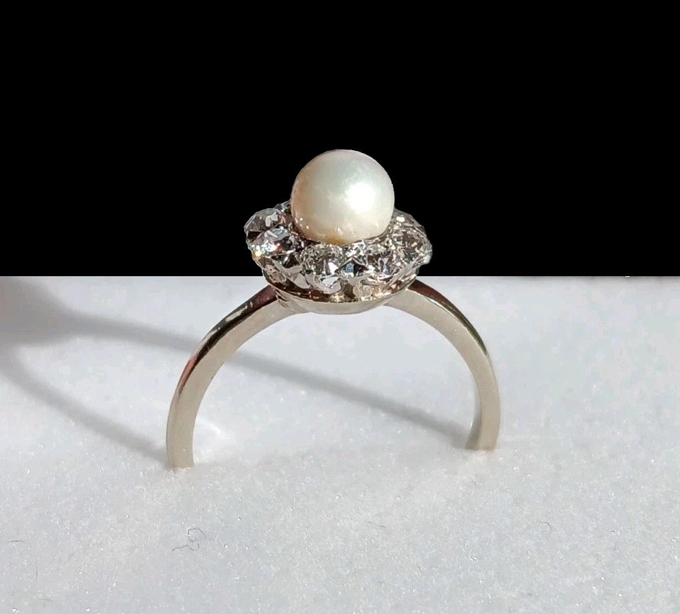 Vintage 14k White Gold White Pearl Diamond Halo Art Deco Edwardian Ring Size 6.5