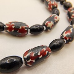 Vintage Barrel Bead Necklace Red Black White Abstract Tribal 22″ Matinee Length