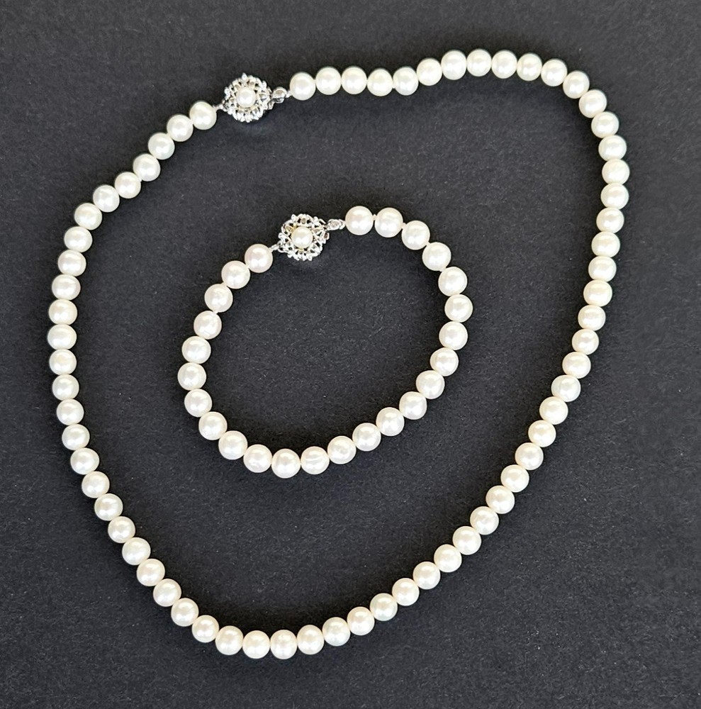 Vintage Cultured Pearl Sterling Silver Clasp Necklace & Bracelet Set