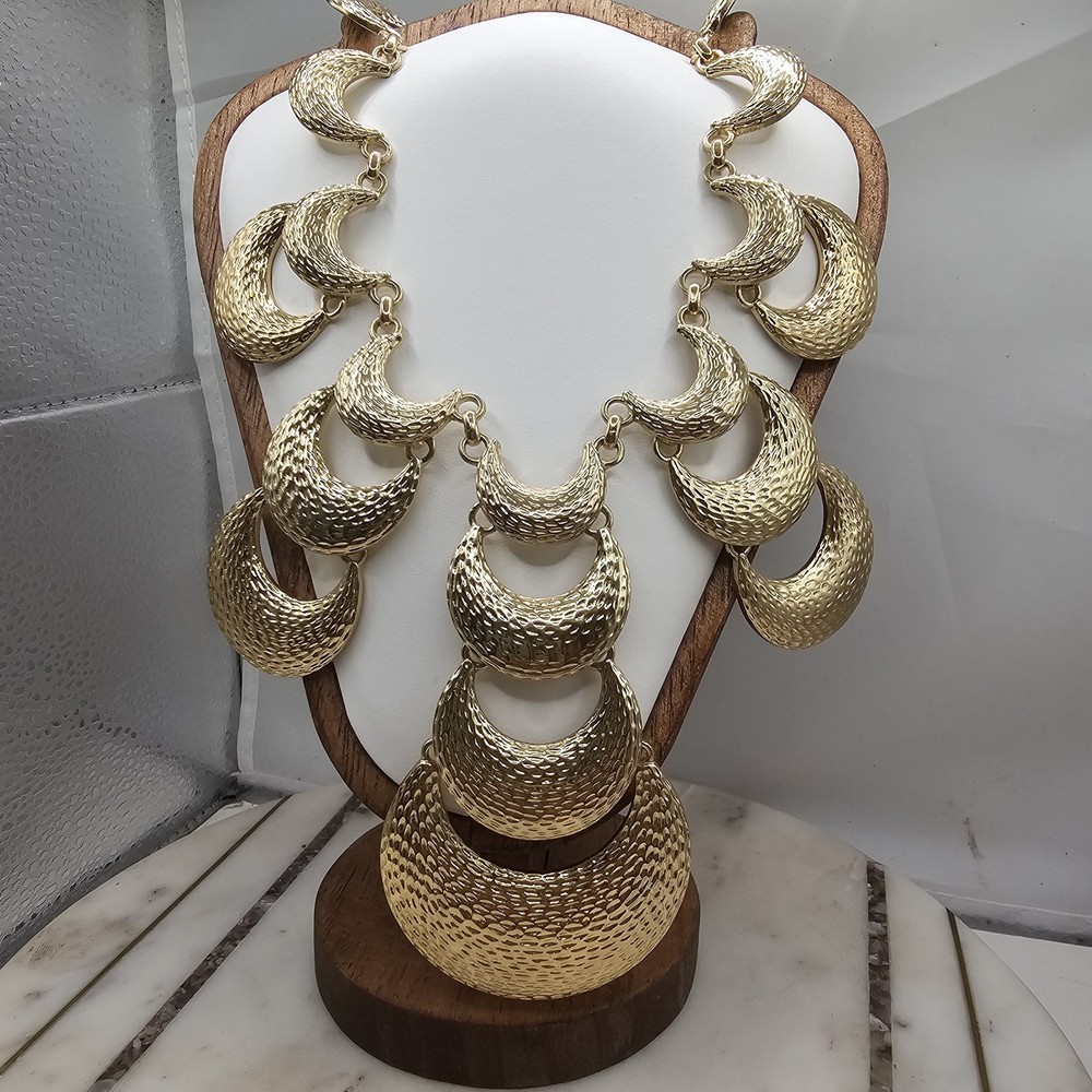 Vintage RJ Graziano Gold Tone Crescent Bib Necklace Runway Statement Hammered 20