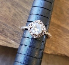 Vtg Gold Tone Engagement Ring, Clear Stone Halo Setting Pave Band, Size 4.25