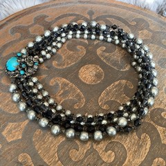 Vintage Miriam Haskell Baroque Pearl Turquoise Rhinestone Crystal Clasp Necklace