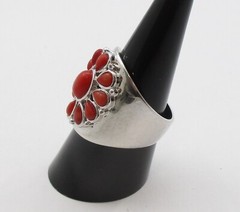 1.48CTW Oval and Pear Shape Coral Southwestern Style Sterling Silver Ring Size 8