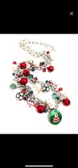 VINTAGE CHRISTMAS Red & Green Bead & Charms Festive Silver Tone Chain Necklace