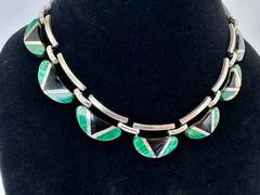 Vintage Taxco TS-108 925 Silver Malachite Onyx Necklace Bracelet Earrings