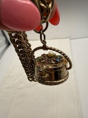 Vintage Flower Basket Charm Bracelet Gold Tone Rhinestones Victorian Revival