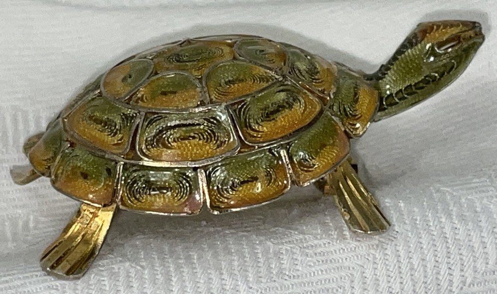 Vintage 800 Silver Filigree enamel Turtle Brooch Pin Gold Wash 6 Grams