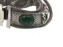 Vintage Silver Tone Filigree Mesh Bracelet Green Cabochon Stones Ornate Design