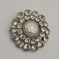 Vtg Rhinestone Large Faux Pearl Brooch Silver Tone Circular Pin Prong Set Stones
