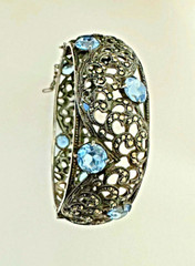 Vintage .835 Silver Hinged Cuff Bracelet w/Marcasites & Pastel Blue Round Gems