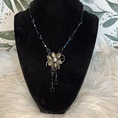Vintage Belladonna Canada Black Iridescent Flower Drop Necklace Gothic Victorian