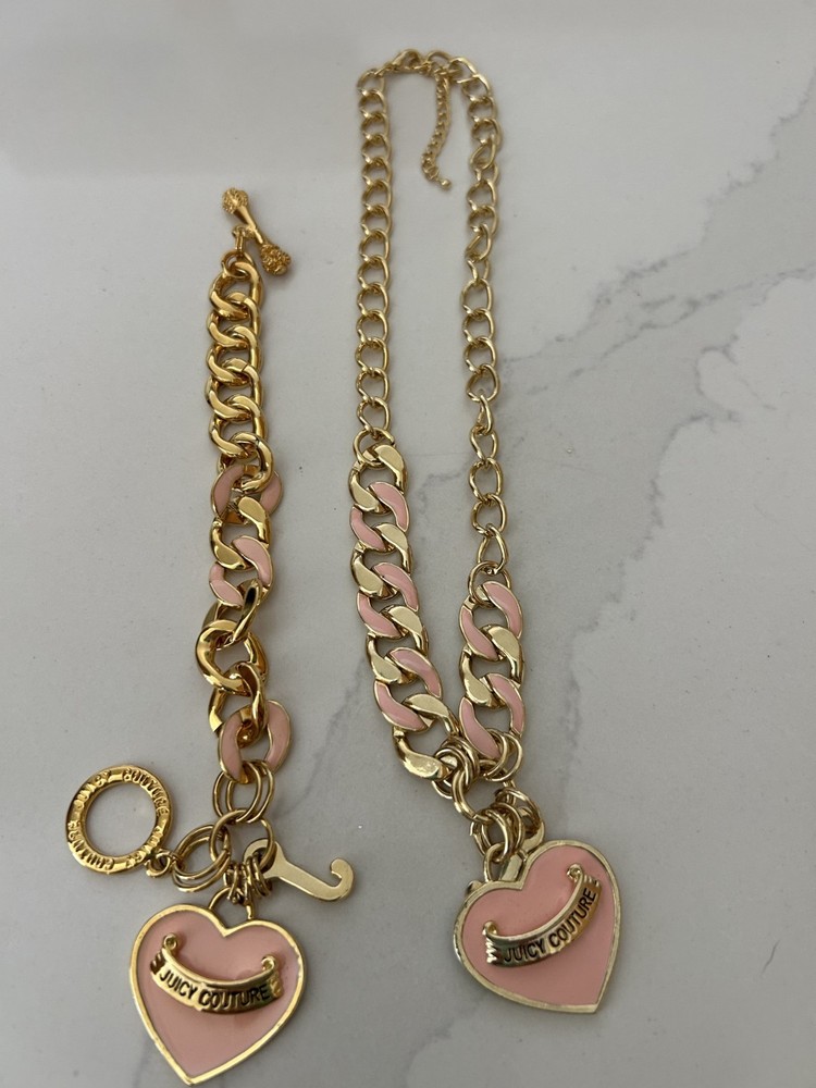 VINTAGE Y2K JUICY COUTURE GOLD TONE ENAMELED PEACH HEART NECKLACE & BRACELET