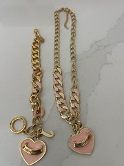 VINTAGE Y2K JUICY COUTURE GOLD TONE ENAMELED PEACH HEART NECKLACE & BRACELET