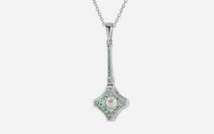 Art Deco Style Round Lab Created Diamond & Emerald Pendant 14k White Gold Finish