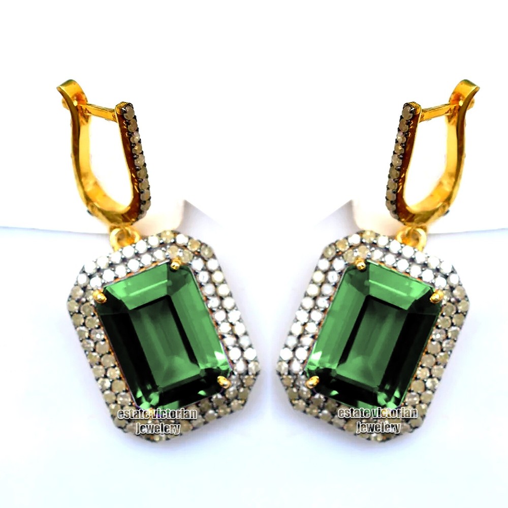 Vintage 2.59ctw Rose Cut Diamond Emerald Studded Silver Stunning Earring Jewelry