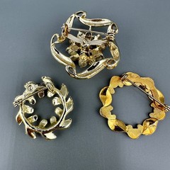 Vintage Wreath Brooch Lot Gold Tone Faux Seed Pearl Pink Stones Textured Brushed