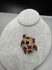 Brooch Turtle Figural Red Rivoli & Clear AB Rhinestone Large 2.25″ Vintage 1960s