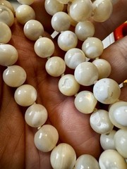 Vintage Hand Knotted Mother of Pearl Bead Necklace 30 Inch Long Strand MOP Shell