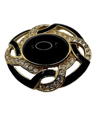 Vintage Trifari Gold Toned Black Enamel Oval Cabochon 2” Brooch Pin 80s-90s