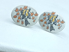 Vintage Damascene Stud Earrings Reed & Barton Silver Bird Maple Leaf .5″