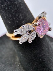 Vintage 1980s Yellow Gold Over Silver Pink Topaz Cubic Zirconia Cocktail Ring.