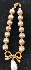 Vtg Big Faux Filigree Pearl Necklace Signed CRAFT Rose Gold Tone Rhinestone Bow