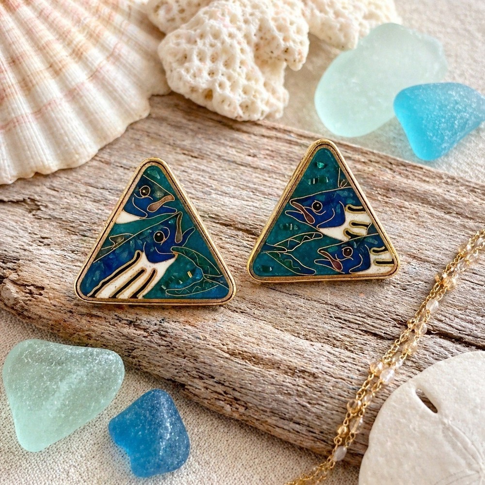 Vtg Artisan Fish Earrings Cloisonné Enamel Gold Signed 80s-90s Ocean Coastal