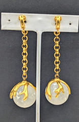 Vintage Ball & Chain Dangle Earrings Gold Tone Frosted Glass Clip On