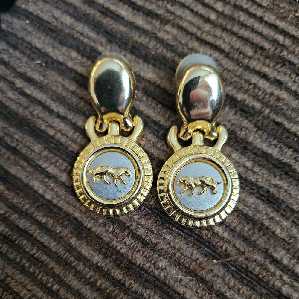 Jaguar Silver & Gold Tone Hinged Clip On Door Knocker Fashion Costume Earrings