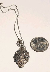 Edwardian Pendant / Necklace, Sterling Silver Filigree, Marcasites, 28 in. Chain