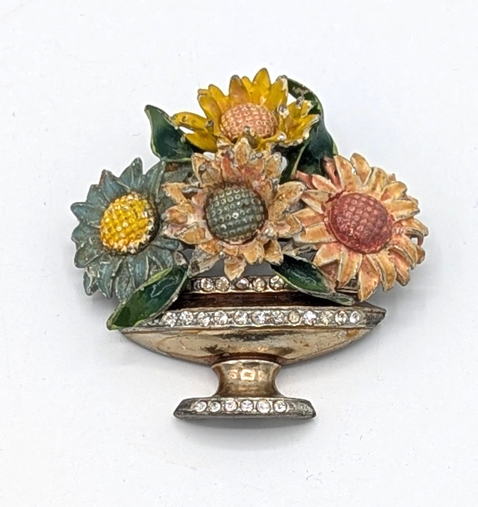 Vintage Pot Metal Brooch Enamel Giardinetti Flower Basket Rhinestone Urn Deco