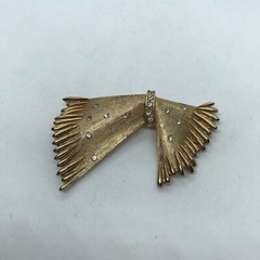 Vintage Estate Bow Pin Brooch Rhinestone Textured Gold Tone decco inspired