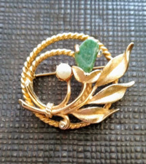 JADE GARDEN BROOCH, Sarah Coventry, 1966, Authentic Jade Accent Cultured Pearl