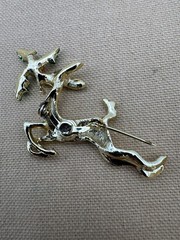 Vintage Gold Tone Leaping Doe Reindeer Christmas Brooch Holly Green Eye