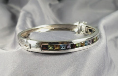 STERLING SILVER HINGED Bangle BRACELET MULTI-COLOR GEMSTONES Size 7″