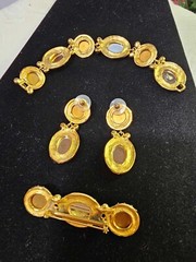 Goldtone Brooch Earrings & Bracelet set w purple red stones & faux pearl- READ