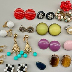 Vintage Clip Earrings Lot of 44 Mix Materials Enamel Lucite Glass Acrylic Stone