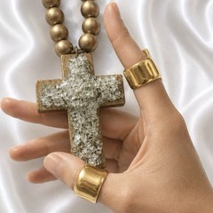 Vintage Original Shattered Fine Art Glass Cross Gold Wood Prayer Beads Necklace