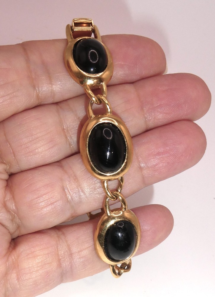 Vintage Napier Pat. Pend. Gold Tone Link Bracelet Black Onyx Glass Cabochon 7″