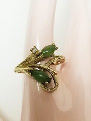 Vintage Green Jade Diamond 14K Yellow Gold Ring & Small Stud Earrings SET SZ 5.5