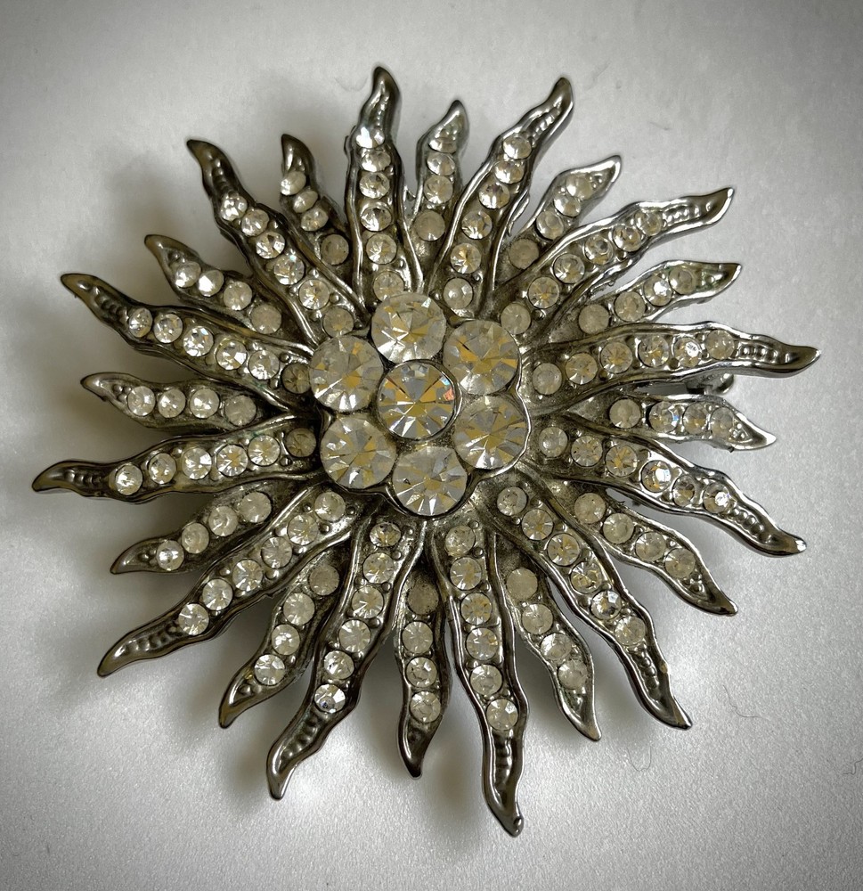 Vintage Clear Rhinestone Starburst Brooch, 2.25 in., 24 arms, unmarked