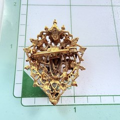 Vintage Faux Pearl & Jade Rhinestone Gold Tone Lapel Pin Brooch Signed ART