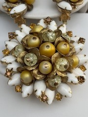 Vintage Floral Brooch Earrings Set White Navette Beads Lucite Gold Tone Clip
