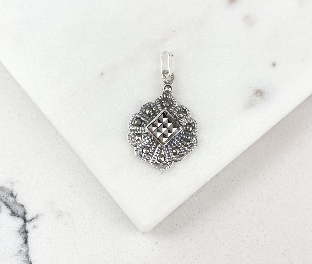 Vintage 925 Sterling Silver Deco Marcasite Minimal Pendant