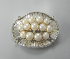 Signed Jomaz Brooch Genuine Cultured Pearls Baguette Rhinestones Rhodium Plate
