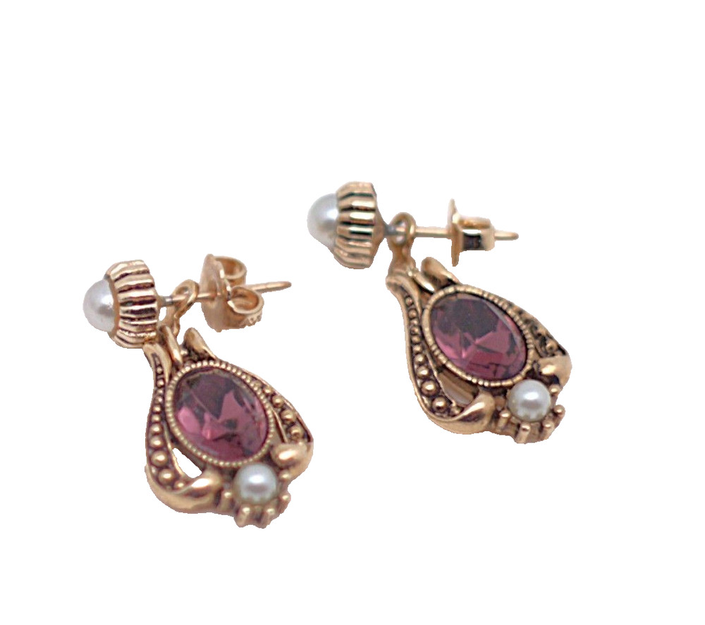 Vintage Avon Queensbury Earrings Gold Tone Faux Amethyst and Pearls 1974