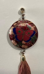 Vintage Asian Double Sided Butterfly Cloisonne Pendant Ornament With Tassel